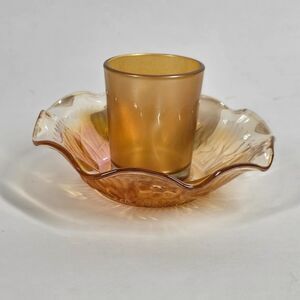 Jeannette Iris Herringbone Marigold Carnival Glass Bowl w/Candle Holder